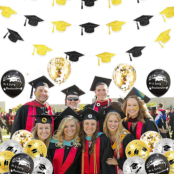Glimtende Graduation Banner, 2-sæt af Guld Sorte Graduation Hat Banners til Graduation Party Tilbehør