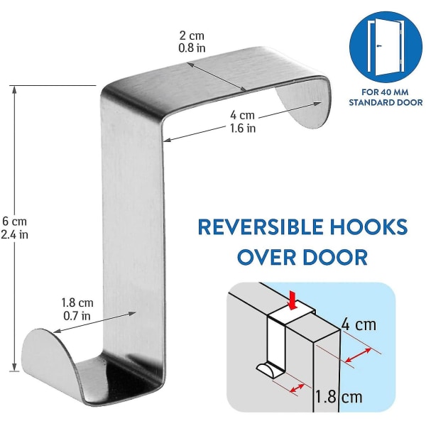 Seger - 6 dørkroker i rustfritt stål - Reversible for standarddør og garderobe - Opptil 5 kg