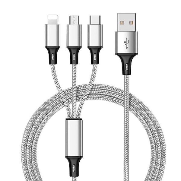 Trippel lader for ALLE mobiler iPhone, Type C & Micro USB! Silver