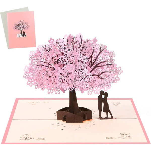 3d-kort,3d popup-hilsenskort, valentinsdagskort, bryllupsdagskort, 3d-bryllupskort med konvolutt Romantisk par Sakura-kort til jubileum