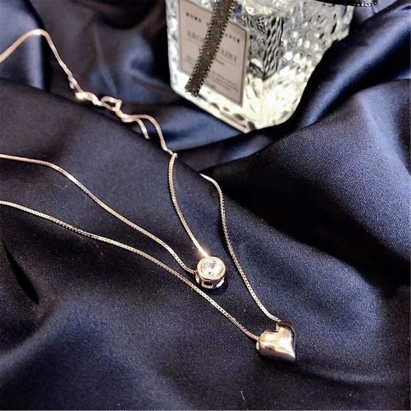 Kärlekshalsband med hjärta för damer, 925 pund silver, dubbelt halsband