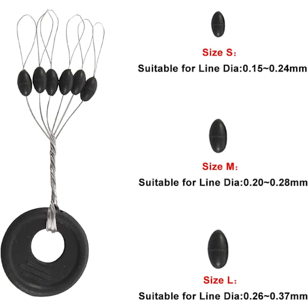 100 stk. Gummifiskepropper, 6 i 1 Fiske linestop, Fiskeflådstop med til Bække, Floder, Søer, Havfiskeri, Reservoirs - Sort (M)