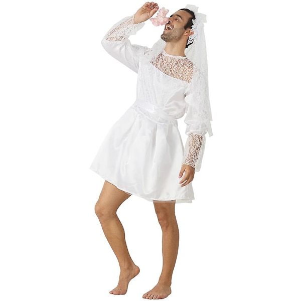 Rolig Brudkostym för Män Halloween Kostym Vuxna Sexig Bröllopsklänning Spets Slöja Brudgum Cosplay Karneval Party Outfit