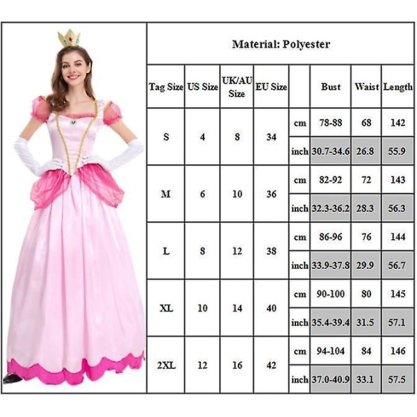 Kvinners Super Mario Peach Cosplay Festdrakter Rosa Prinsessekjole+hansker+hodebånd Antrekksett Gaver M