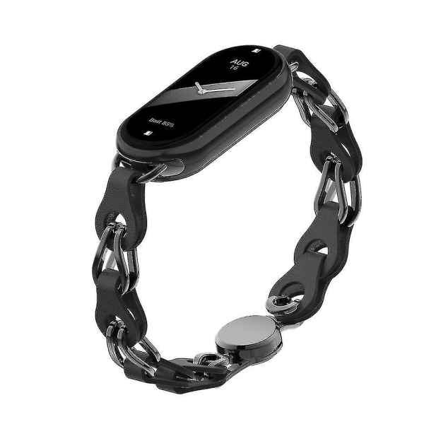 For Xiaomi Smart Band 8 Magnetic Watch Band Ekte kuskinn + kjedearmbånd i aluminiumslegering Black