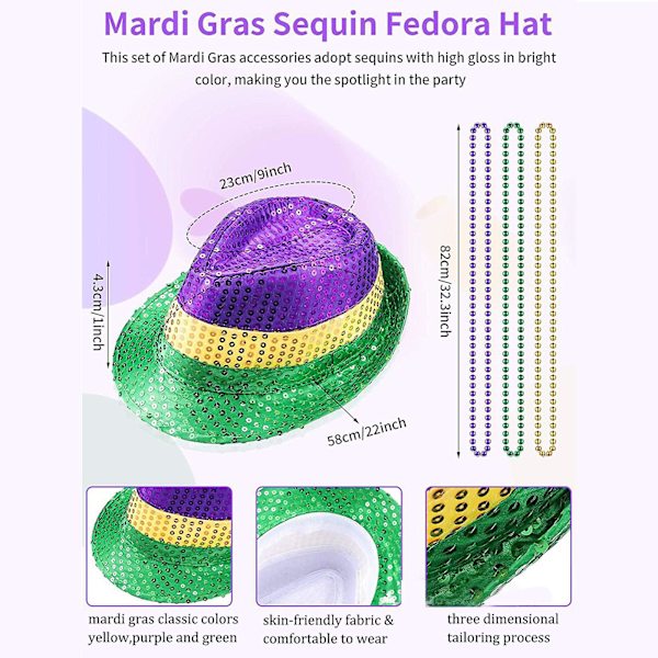 Vuxen LED-upplyst Mardi Gras Fedora, Mardi Gras Kostymtillbehör Med Pärlor Halsband, Fluga, Upphängare Och Mask