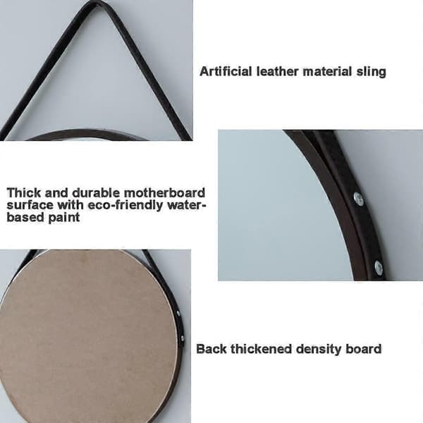 Nordic Wall Mounted Large Round Mirror, Leather Strap, Metal Frame for Bathroom etc. (Reddish Brown) (LGL)