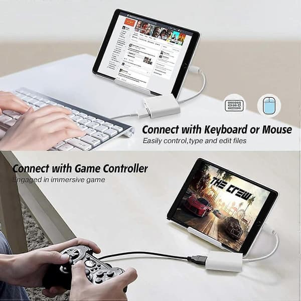 Lightning–USB-sovitin, USB-naaras OTG -sovitin iPhonelle ja iPadille latausportilla, Plug and Play