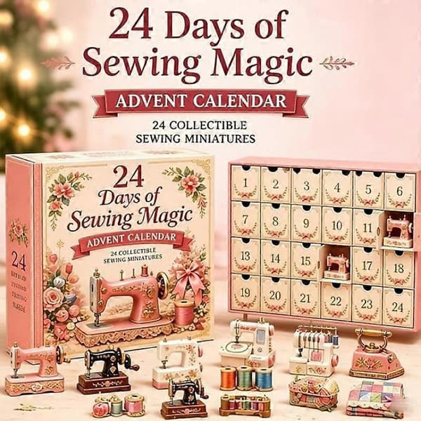 Jule-adventskalender med sy-tema – Med 24 skuffer og små samlerobjekter i blind-box (2D-version)