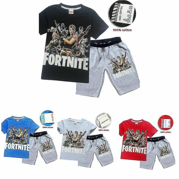 Drenge Børn Fortnite Gamer Kortærmet Pyjamas Pjs T-shirt Shorts Sæt Grey 5-6 Years