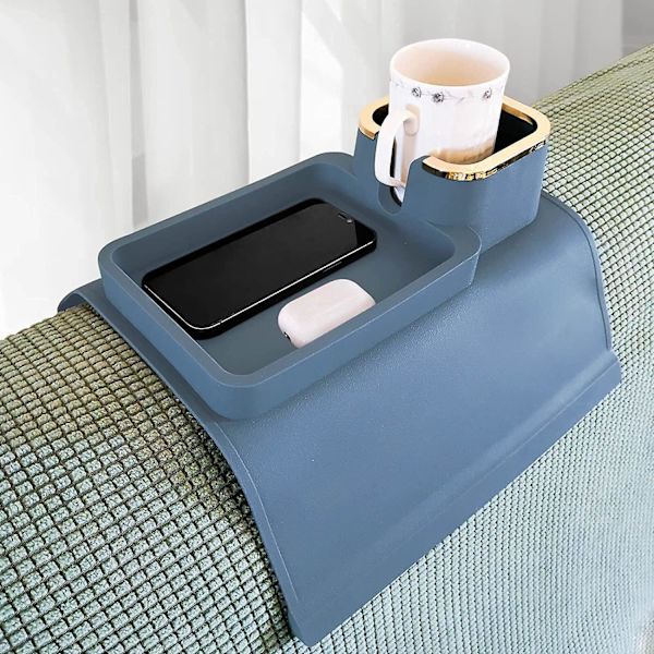 Halkskyddad silikon soffa arm bricka med mugghållare Soffa mugghållare bricka Armstöd Fjärrkontroll och arrangör Blå