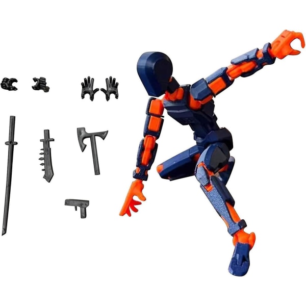 T13 Action Figure, Titan 13 Action Figure med 4 typer av vapen och 3 typer av händer, T13 3D Printed Multi-Jointed Action Figure Orange-Blue