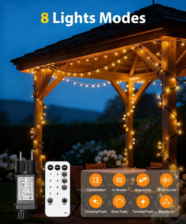 20m 200 LED String Lights - IP44 Waterproof with Remote Control and Memory, 8 Modes and Timer - Warm White for Garden, Wedding, Christmas and [YJD]