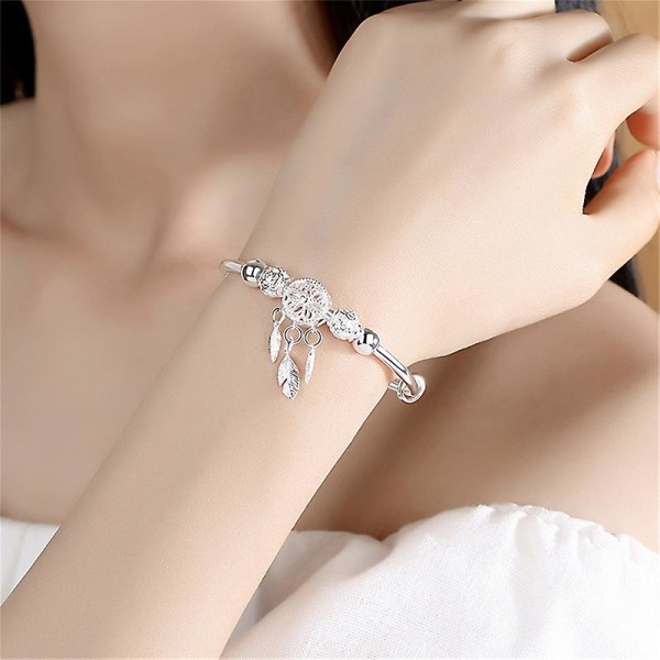 Justerbart 925 sterlingsølv dusk fjær rund perle sjarm armbånd & armbånd for kvinner Elegante smykker A
