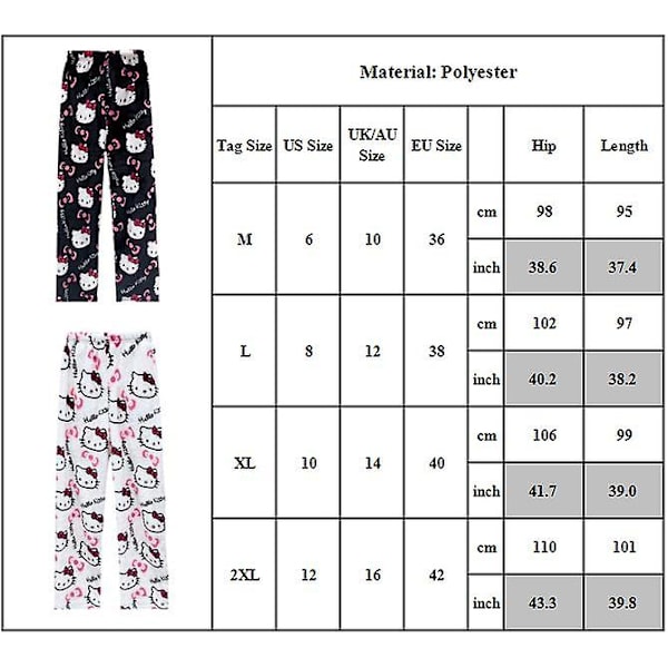 Kawaii-Pyjamat Naisille ja Tytöille - Piirretty Hello Kitty - Kokokuvioinen Flanelli - Joulu - Anime - Pehmeät Unihousut Pink Black XL