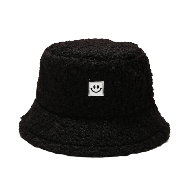 Kvinders smilansigt Fluffy Bucket Hat Plys varm kunstpels Fisherman Cap Black