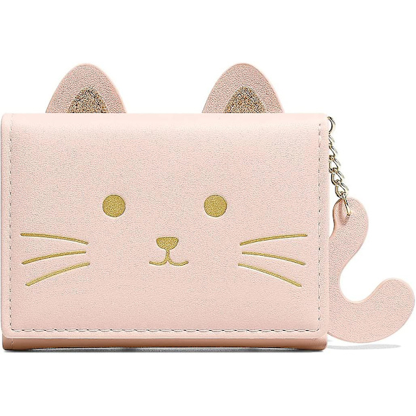 3D katt ansikte plånbok svans tri-fold plånbok id-kort med dragkedja ficka (rosa)