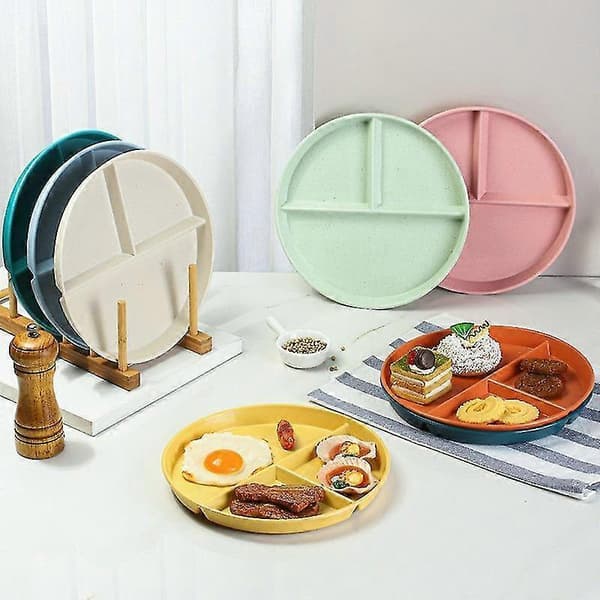 RY-0135 23cm Divided Plate Portion Control 3 Compartment Diet Plate Wheat Straw (BPA-free, Non-Toxic Multicolo Multicolor Dark Blue