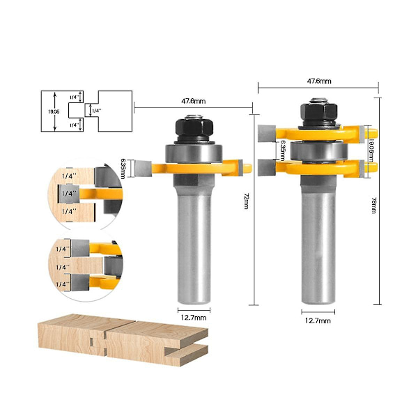 2 kpl 12,7 mm:n liitosreitittimen teräsetti, kielen ja uran T-urajyrsimet puutöihin