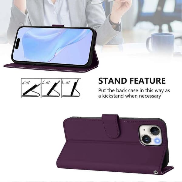Solid Farge Lommebok Lær Telefondeksel med Stropp til iPhone 15 - Nude Multicolor Violet