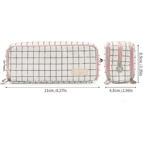 Stor pennfodral med stor kapacitet, 3 fack, pennfodral i canvas för tonårspojkar, flickor, skolbarn (rosa remsa, svart rutnät)