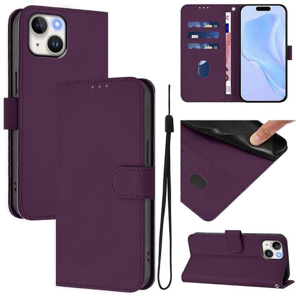 Solid Farge Lommebok Lær Telefondeksel med Stropp til iPhone 15 - Nude Multicolor Violet