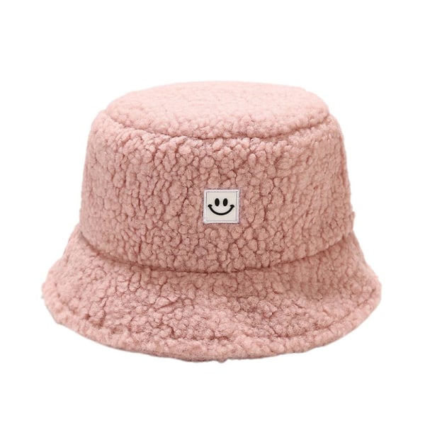 Naisten Smile Face Pörröinen Bucket Hat Pehmo Lämmin tekoturkista kalastajan cap Pink