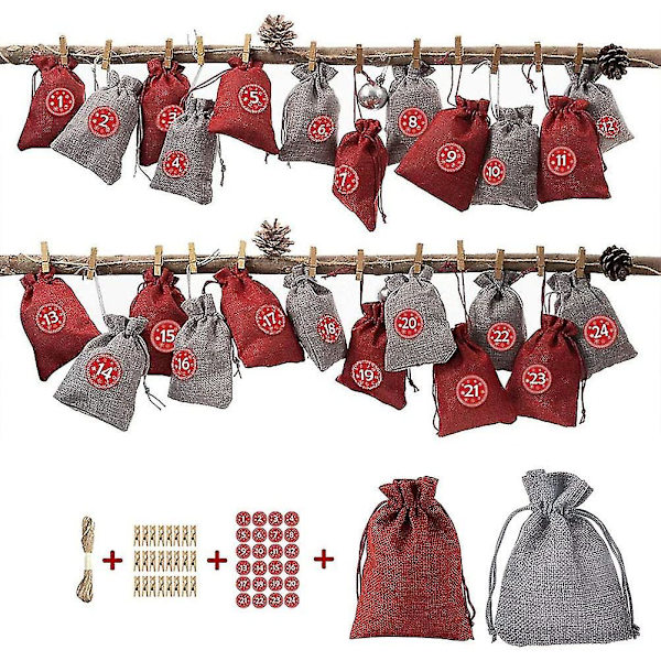 Kangaskassi täytettävään adventtikalenteriin, 1-24 adventtinumerotarrat, juuttikangaskassi joulukalenteri, käsityösetti, täyttösarja, valjaatpussi, jossa on vetoköydet