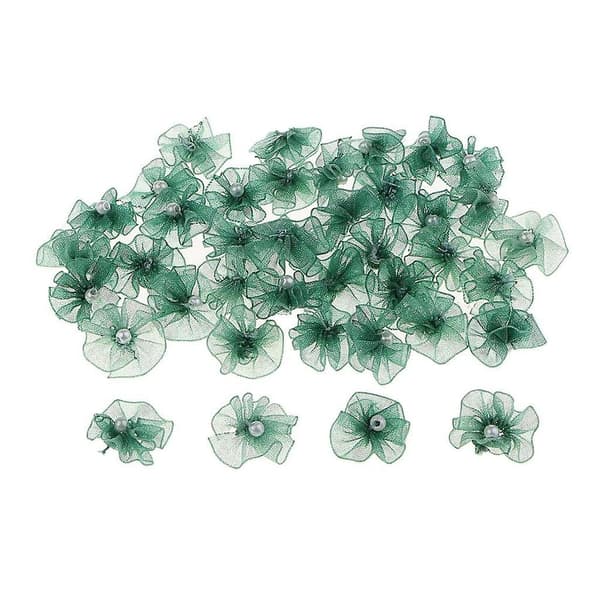 5x40 Chiffonblomster med Perle Flatback-knapper Pynt DIY Håndverk Grønn