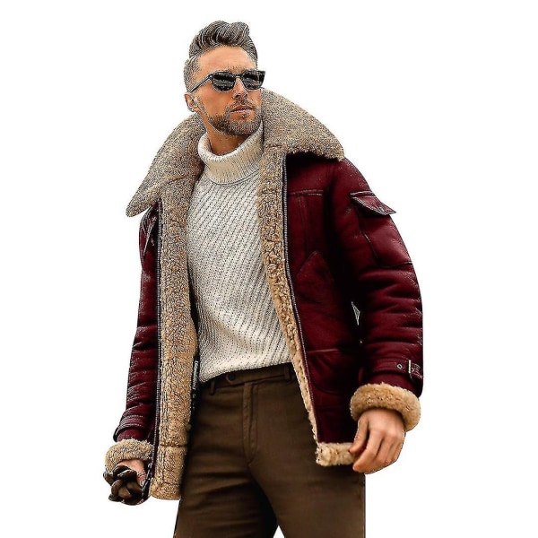 Herr Vintage Mocka Jacka Lapel Päls Läderjacka Kashmirrock red M