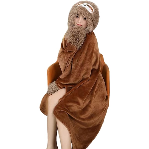 Dovendyr Bærbar Hættetrøje Tæppe Gave til Kvinder, Blød Sød Hygge Hættetrøje Tæppe, Cozy Flanel Krops Tæppe, 155*125 cm (Khaki)