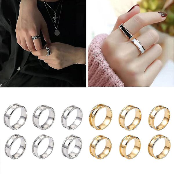 6 stk. ringe kerne blanke til indlæg ring rustfrit stål rillet fingerring 8mm Gold