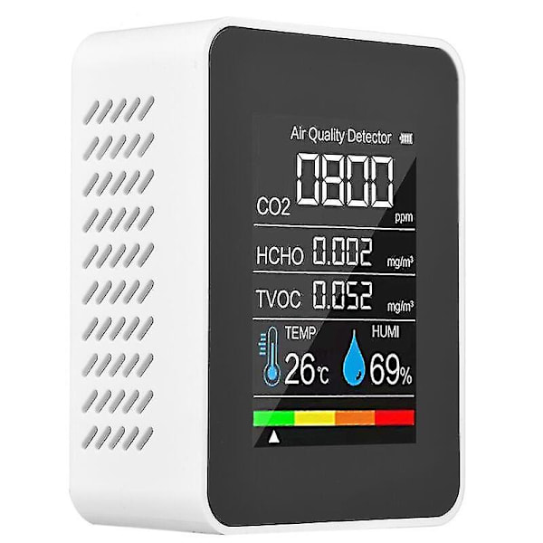 Fem-i-en gasdetektor med LCD-digitalt display, farveskærm, kuldioxiddetektor (indbygget batteri), hvid (hus med skrå huller og tilfældig farve)