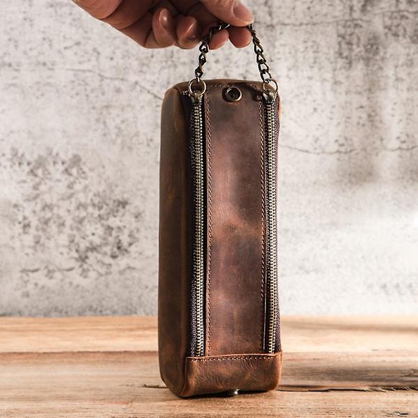 Multifunksjonell skinnpennveske med dobbel glidelås, vintage penn glidelåsposeholder