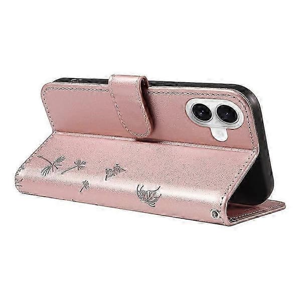 Kompatibel med iPhone 16 Läderfodral Plånboksfodral Maskrosavtryck Pink gold
