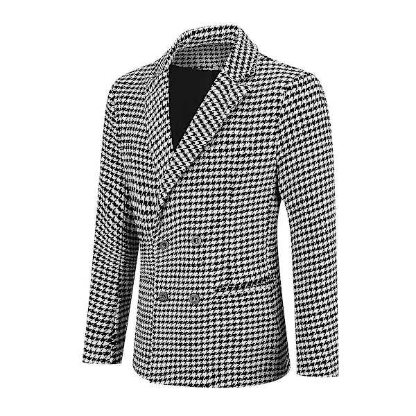 Herre Sort Og Hvid Ternet Dobbeltradet 4 Knaps Slim Fit Casual Jakkesæt Jakke XS
