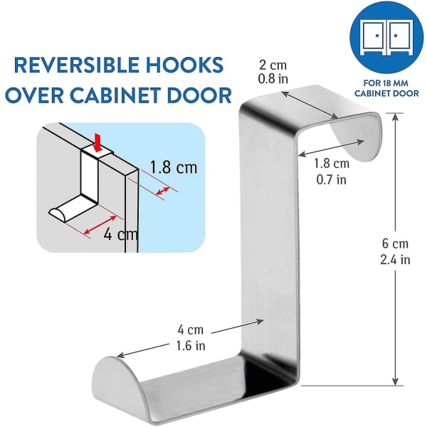 Seger - 6 dørkroker i rustfritt stål - Reversible for standarddør og garderobe - Opptil 5 kg