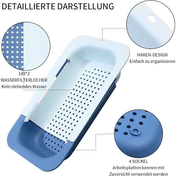 Utökbar diskbänk sil (34,5-47,5 cm), hopfällbar plast diskbänk sil, köksil för att tvätta disk frukt grönsaker