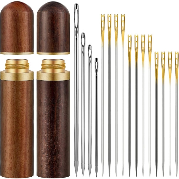 24 stycken självträdande nålar Enkla trädningsnålar och 4 stycken handsömnadsnålar med stora ögon med 2 stycken case i trä för förvaring av handma