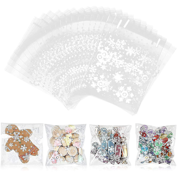 200 stk. Snowflake Cookie Bag Klar Plastikpose Transparent Slik Jule