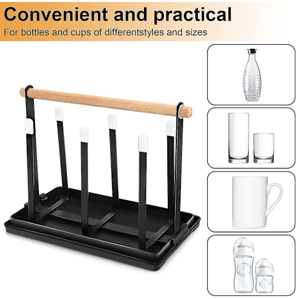 Flaskeholder til Sodastream, Stativ for 6 Flasker, Dryppstativ, Flasker, Metallisk Avrenningsstativ, Flasker, Koppbærer med Dryppbrett for Flasker og Kopper (svart)