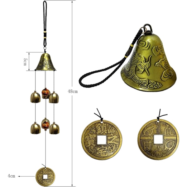 Lucky Fengshui Vindspil - Kobberlegering Drageklokke, 6 Klokker til Ophængning i Hjem & Have, Held og Lykke Velsignelse