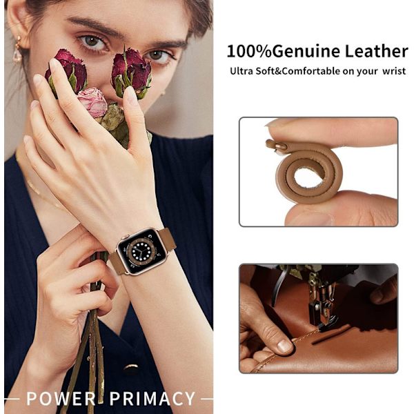 Apple Watch läderarmband, äkta läderarmband för Apple Watch Series 9 8 7 6 5 4 3 2 1 & iWatch SE, Ultra (38 mm 40 mm 41 mm, brunt) Brown