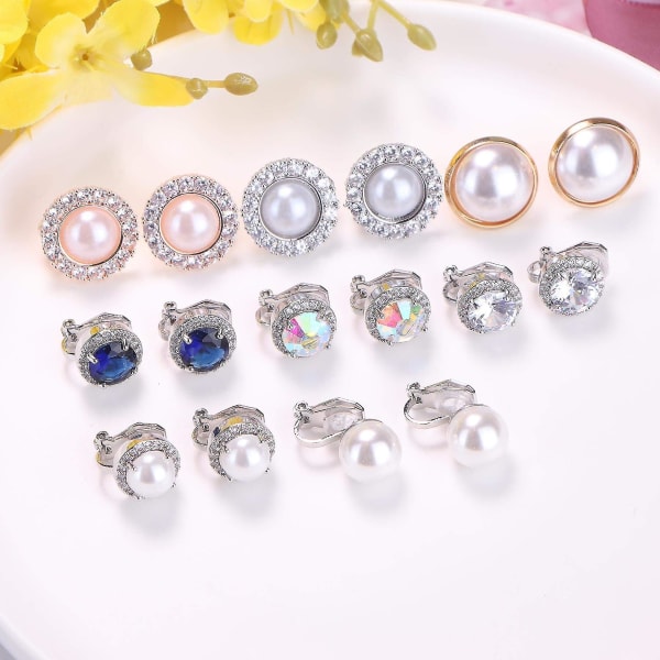 8 par Clip On-örhängen Rainbow Quartz Pearl Pearl Earrings med gummikuddar Non Pierced Clip Örhängen Set