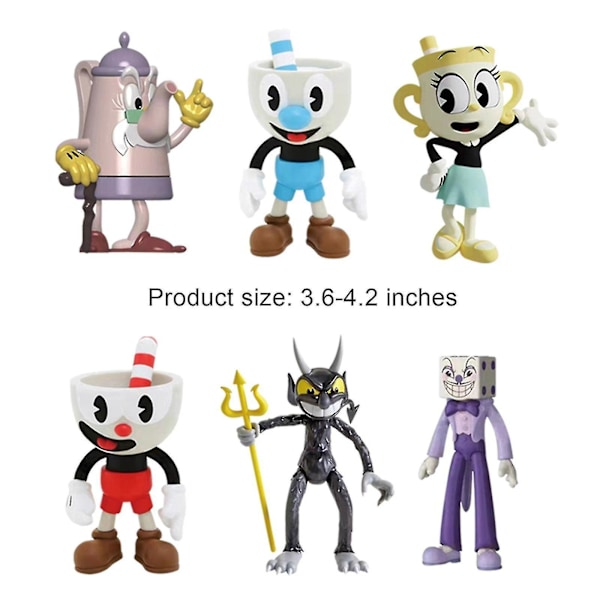 Cuphead Mugman Mecup og Brocup Anime Figur, 6 stk Anime Spillfigurleker Sett