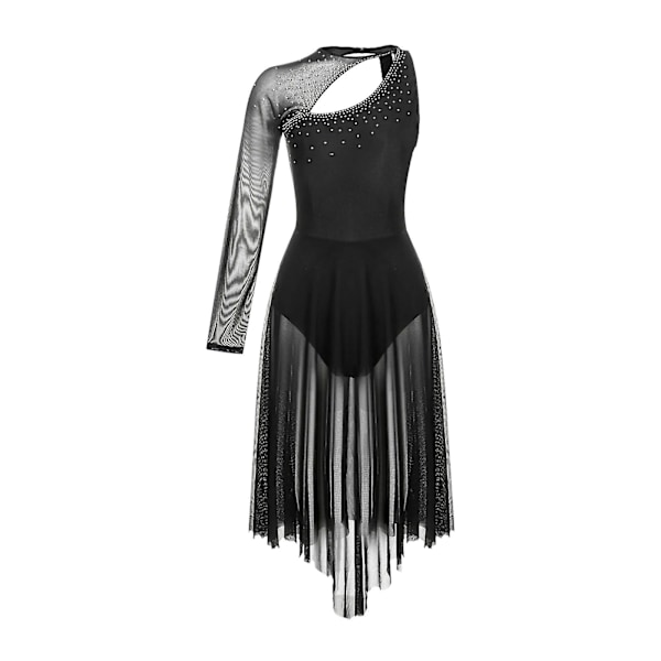 Naisten taitoluistelumekko pitkähihainen lyyrinen tanssimekko lavatanssiasu läpinäkyvä mesh-voimisteluleotardi Ballroom-asu XL Black