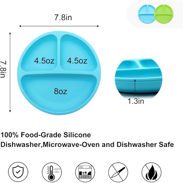 Baby Plate - Non-Slip Silicone - For Babies and Children - With Suction Cup - Dishwasher Safe - Microwave Safe (Blue, Green - With Lid)