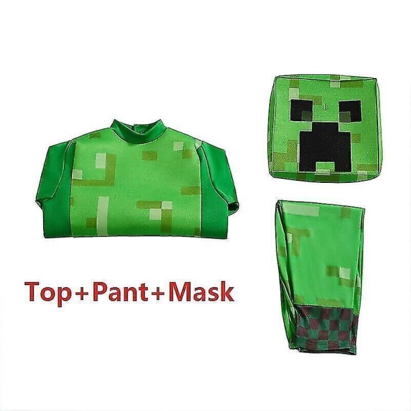 Barn Minecraft Cosplay Fancy Dress Gutter Jenter Fest kostymegaver GreenTop  Pant  Mask L 8-10Y 125-135cm