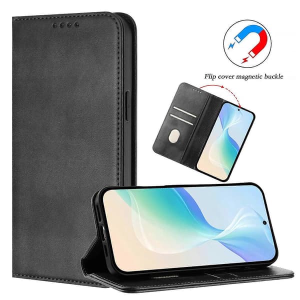 Retro tekstur RFID-blokerende læder telefoncover til iPhone 17 Pro Max Wallet Cases Black Black