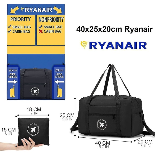 Cabin Bag 40x20x25 Travel Duffle Bag 2 Pack Sammenleggbar Underseat Cabin Bag Vanntett Weekend Bag Lett bærebagasje bag med skulderstropp F 40x20x25cm Ryanair Black x2